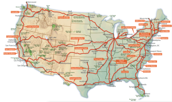 Rutas Amtrak en EE.UU. de América y Canadá.