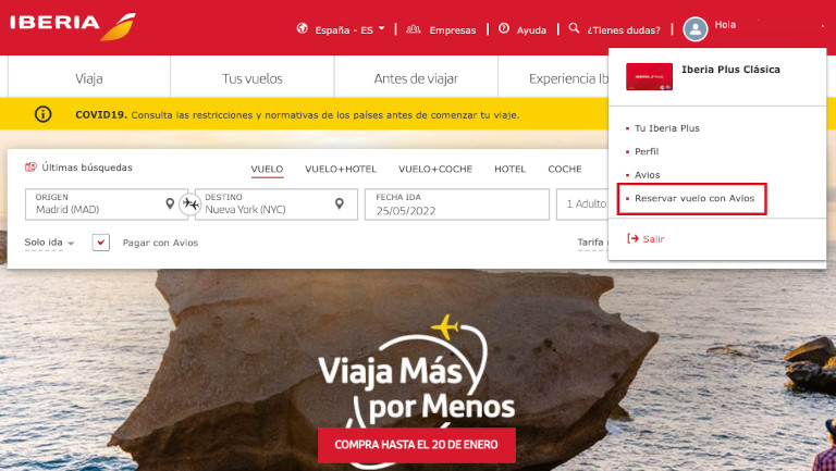 Selecciona "Reservar vuelo con Avios" del menú Iberia Plus.